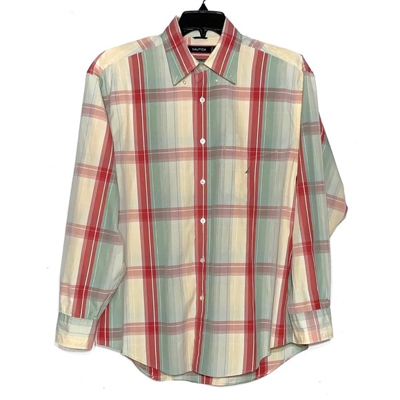 Nautica Shirt Men’s Size L Red Tan Green Button Front Long Sleeve Casual - Picture 1 of 8